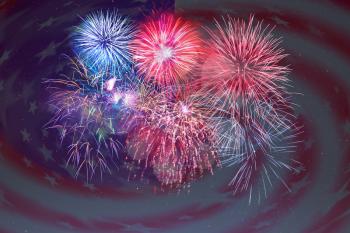 Fireworks and American flag background. 4th of July beautiful fireworks. Independence Day holidays salute. 4th of July background