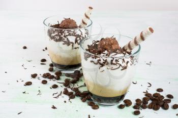 Chocolate cocktail with whipped cream on light green background. Coffee creamy dessert with chocolate. 