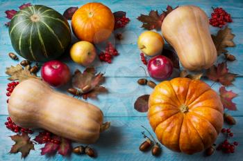 Thanksgiving  concept with pumpkins and leaves on blue wooden background. Thanksgiving background with seasonal vegetables and fruits. Fall background
