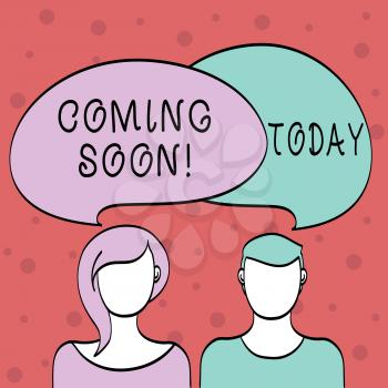 Word writing text Coming Soon. Business photo showcasing event or action that will happen after really short time Blank Faces of Male and Female with Colorful Blank Speech Bubble Overlaying
