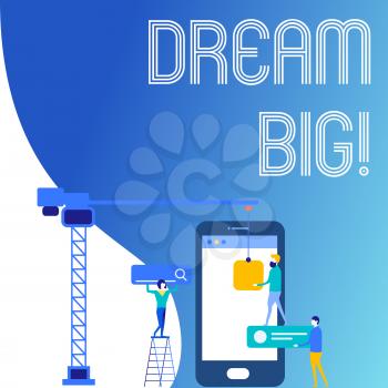 Text sign showing Dream Big. Business photo text seeking purpose for your life and becoming fulfilled in process Staff Working Together for Common Target Goal with SEO Process Icons