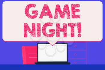 Text sign showing Game Night. Business photo showcasing usually its called on adult play dates like poker with friends Blank Huge Speech Bubble Pointing to White Laptop Screen in Workspace Idea