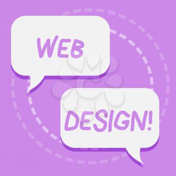 Handwriting text writing Web Design. Conceptual photo process of creating websites content production and graphic Two Blank White Speech Balloon Engaging in Conversation on Pastel Backdrop