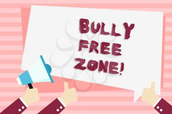 Handwriting text Bully Free Zone. Conceptual photo creating abuse free school college life Hand Holding Megaphone and Other Two Gesturing Thumbs Up with Text Balloon