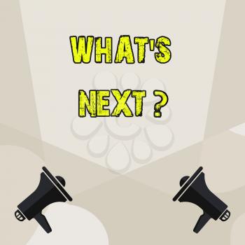 Conceptual hand writing showing What S Next Question. Concept meaning asking demonstrating about his coming actions or behaviors Blank Spotlight Crisscrossing Upward Megaphones on the Floor