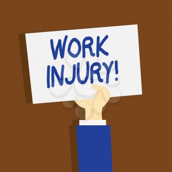 Writing note showing Work Injury. Business concept for accident that occurred during and as result of working Clipart of Hand Holding Up Sheet of Paper on Pastel Backdrop