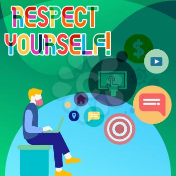 Handwriting text Respect Yourself. Conceptual photo believing that you good and worthy being treated well Man Sitting Down with Laptop on his Lap and SEO Driver Icons on Blank Space