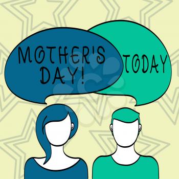 Handwriting text writing Mother S Day. Conceptual photo day of year where mothers are particularly honoured by children Blank Faces of Male and Female with Colorful Blank Speech Bubble Overlaying