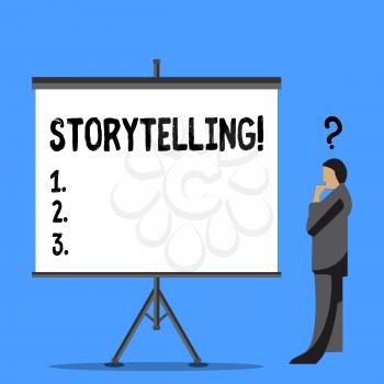 Word writing text Storytelling. Business photo showcasing activity of telling or writing stories novels to someone Businessman with Question Mark Above his Head Standing Beside Blank Screen