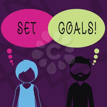 Text sign showing Set Goals. Business photo showcasing process of identifying something that you want to accomplish Bearded Man and Woman Faceless Profile with Blank Colorful Thought Bubble