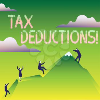 Word writing text Tax Deductions. Business photo showcasing reduction income that is able to be taxed of expenses Business People Climbing Color Mountain by Themselves Holding Invisible Rope