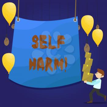 Writing note showing Self Harm. Business concept for deliberate injury typically analysisifestation psychological Man Carrying Pile of Boxes with Tarpaulin in Center Balloons