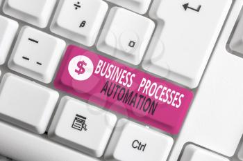 Writing note showing Business Processes Automation. Business concept for performed to achieve digital transformation White pc keyboard with note paper above the white background