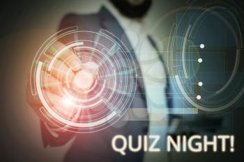 Writing note showing Quiz Night. Business concept for evening test knowledge competition between individuals Male wear formal suit presenting presentation smart device