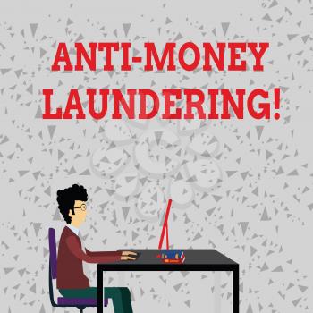 Word writing text Anti Money Laundering. Business photo showcasing regulations stop generating income through illegal actions Businessman Sitting Straight on Chair Working on Computer and Books on Table