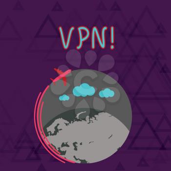 Writing note showing Vpn. Business concept for Secured virtual private network across confidential domain protected Airplane Flying Around Colorful Globe and Blank Text Space