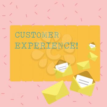 Text sign showing Customer Experience. Business photo showcasing product of interaction between organization and buyer Closed and Open Envelopes with Letter Tucked In on Top of Color Stationery