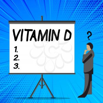 Word writing text Vitamin D. Business photo showcasing Benefits of sunbeam exposure and certain fat soluble nutriments Businessman with Question Mark Above his Head Standing Beside Blank Screen