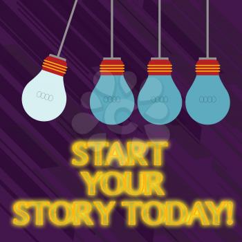 Word writing text Start Your Story Today. Business photo showcasing work hard on yourself and begin from this moment Color Incandescent Pendant Bulb Hanging with One Different Shade Lightbulb