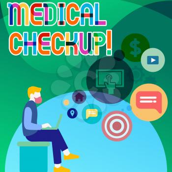 Handwriting text Medical Checkup. Conceptual photo thorough physical examination includes variety of tests Man Sitting Down with Laptop on his Lap and SEO Driver Icons on Blank Space