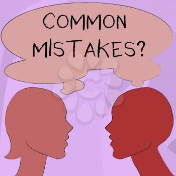 Text sign showing Common Mistakes Question. Business photo showcasing repeat act or judgement misguided making something wrong Silhouette Sideview Profile Image of Man and Woman with Shared Thought Bubble