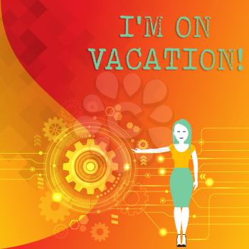 Word writing text I M On Vacation. Business photo showcasing Break from stressful work pressure travel worldwide Woman Standing and Presenting the SEO Process with Cog Wheel Gear inside