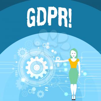 Writing note showing Gdpr. Business concept for General Data Protection Regulation privacy eu laws compliance Woman Presenting the SEO Process with Cog Wheel Gear inside