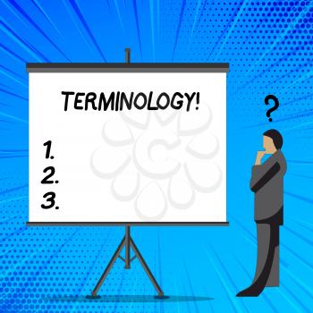 Word writing text Terminology. Business photo showcasing Collection of terms used by different profession study industry Businessman with Question Mark Above his Head Standing Beside Blank Screen