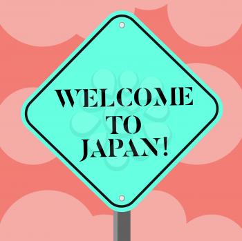 Writing note showing Welcome To Japan. Business concept for Arriving to Asian modern country different culture Diamond Shape Color Road Warning Signage with One Leg Stand