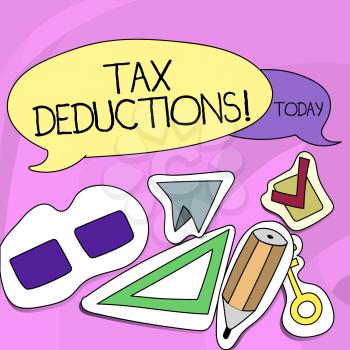 Word writing text Tax Deductions. Business photo showcasing reduction income that is able to be taxed of expenses Two Blank Colorful Speech Balloon and Different Labels Sticker Style Icons