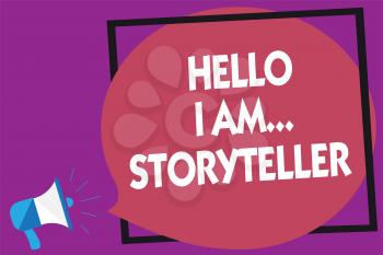 Text sign showing Hello I Am... Storyteller. Conceptual photo introducing yourself as novels article writer Megaphone loudspeaker loud screaming purple background frame speech bubble