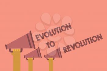 Writing note showing Evolution To Revolution. Business photo showcasing adapting to way of living for creatures and humans Hands holding megaphones loudspeaker important message pink background