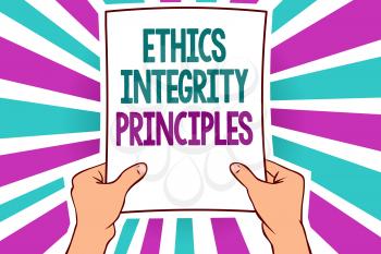 Word writing text Ethics Integrity Principles. Business concept for quality of being honest and having strong moral Man holding paper important message remarkable blue purple rays bright idea