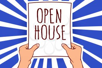 Writing note showing Open House. Business photo showcasing you can come whatever whenever want Make yourself at home Man holding paper important message remarkable rays enlighten ideas