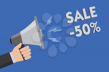 Word writing text Sale 50. Business concept for A promo price of an item at 50 percent markdown Man holding megaphone loudspeaker blue background message speaking loud