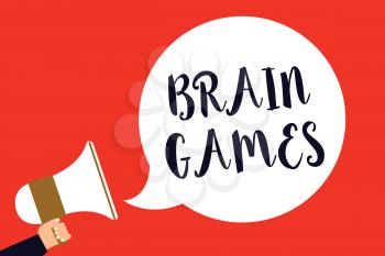Handwriting text Brain Games. Concept meaning psychological tactic to manipulate or intimidate with opponent Man holding megaphone loudspeaker speech bubble screaming red background