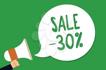 Conceptual hand writing showing Sale 30. Business photo showcasing A promo price of an item at 30 percent markdown Man holding megaphone loudspeaker screaming green background