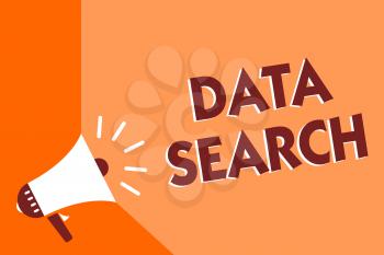 Conceptual hand writing showing Data Search. Business photo text gathers and reports information contains specified terms Megaphone loudspeaker orange background important message speaking