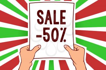 Writing note showing Sale 50. Business photo showcasing A promo price of an item at 50 percent markdown Man holding paper important message remarkable red rays bright ideas