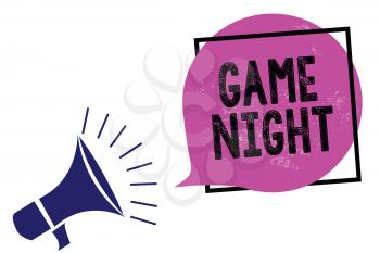Handwriting text Game Night. Concept meaning event in which folks get together for the purpose of getting laid Megaphone loudspeaker speaking loud screaming frame purple speech bubble