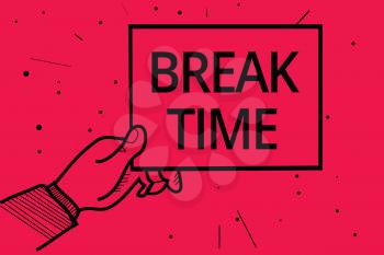 Conceptual hand writing showing Break Time. Business photo text Period of rest or recreation after doing of certain work Man holding paper communicating information dotted red background