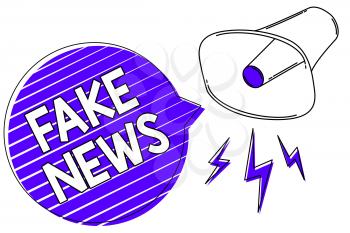Writing note showing Fake News. Business photo showcasing Giving information to people that is not true by the media Megaphone loudspeaker blue speech bubble stripes important message