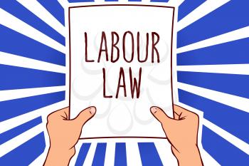 Writing note showing Labour Law. Business photo showcasing Rules implemented by the state between employers and employee Man holding paper important message remarkable rays enlighten ideas