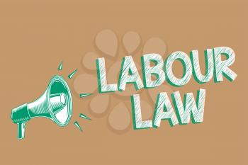 Conceptual hand writing showing Labour Law. Business photo showcasing Rules implemented by the state between employers and employee Megaphone brown background important message speaking loud