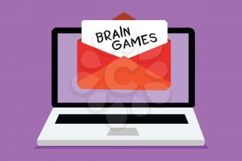 Word writing text Brain Games. Business concept for psychological tactic to manipulate or intimidate with opponent Computer receiving email important message envelope with paper virtual