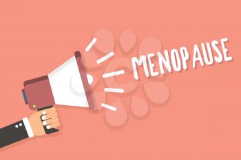 Text sign showing Menopause. Conceptual photo Period of permanent cessation or end of menstruation cycle Man holding megaphone loudspeaker pink background message speaking loud