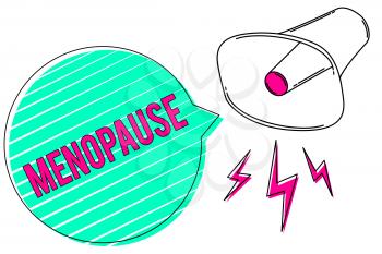 Conceptual hand writing showing Menopause. Business photo showcasing Period of permanent cessation or end of menstruation cycle Megaphone green speech bubble stripes important loud message