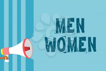 Text sign showing Men Women. Conceptual photo The state where in a boy or a girl turns to be a mature adult Megaphone loudspeaker blue stripes important message speaking out loud
