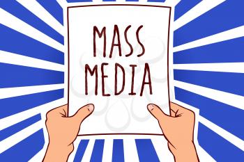 Writing note showing Mass Media. Business photo showcasing Group people making news to the public of what is happening Man holding paper important message remarkable rays enlighten ideas