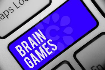 Writing note showing Brain Games. Business photo showcasing psychological tactic to manipulate or intimidate with opponent Keyboard blue key Intention computer computing reflection document